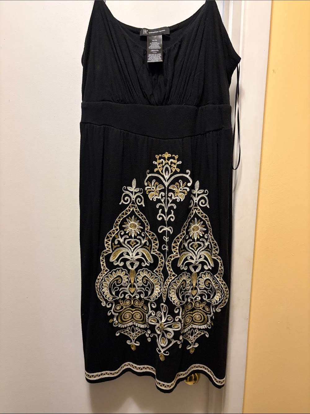 INC International Concepts Black Midi Dress with Gold and Cream Embroidery